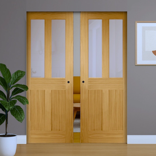 London Oak Clear Glazed Double Flush Pocket Door Set Fully Finished