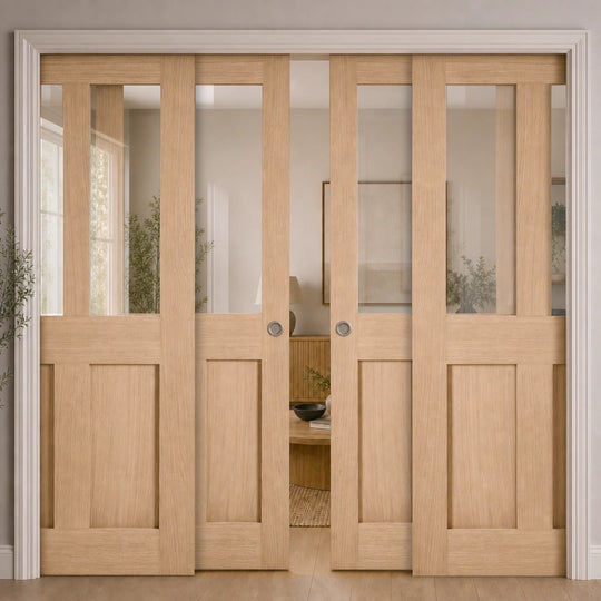 London Oak Clear Glazed Fully Finished 4 Door Telescopic Pocket Door System
