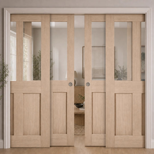 London Oak Clear Glazed 4 Door Telescopic Pocket Door System