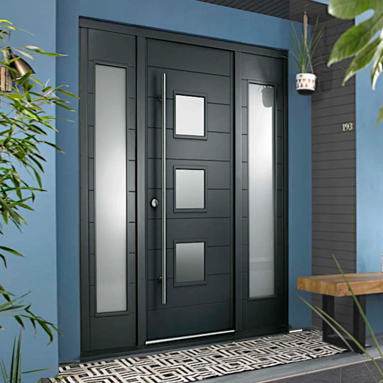 Malmo Grey External Door Set with Double Sidelight and Pull Bar Handle