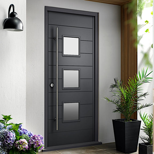 Malmo Grey Hardwood External Door with Grey Frame and Pull Bar Handle