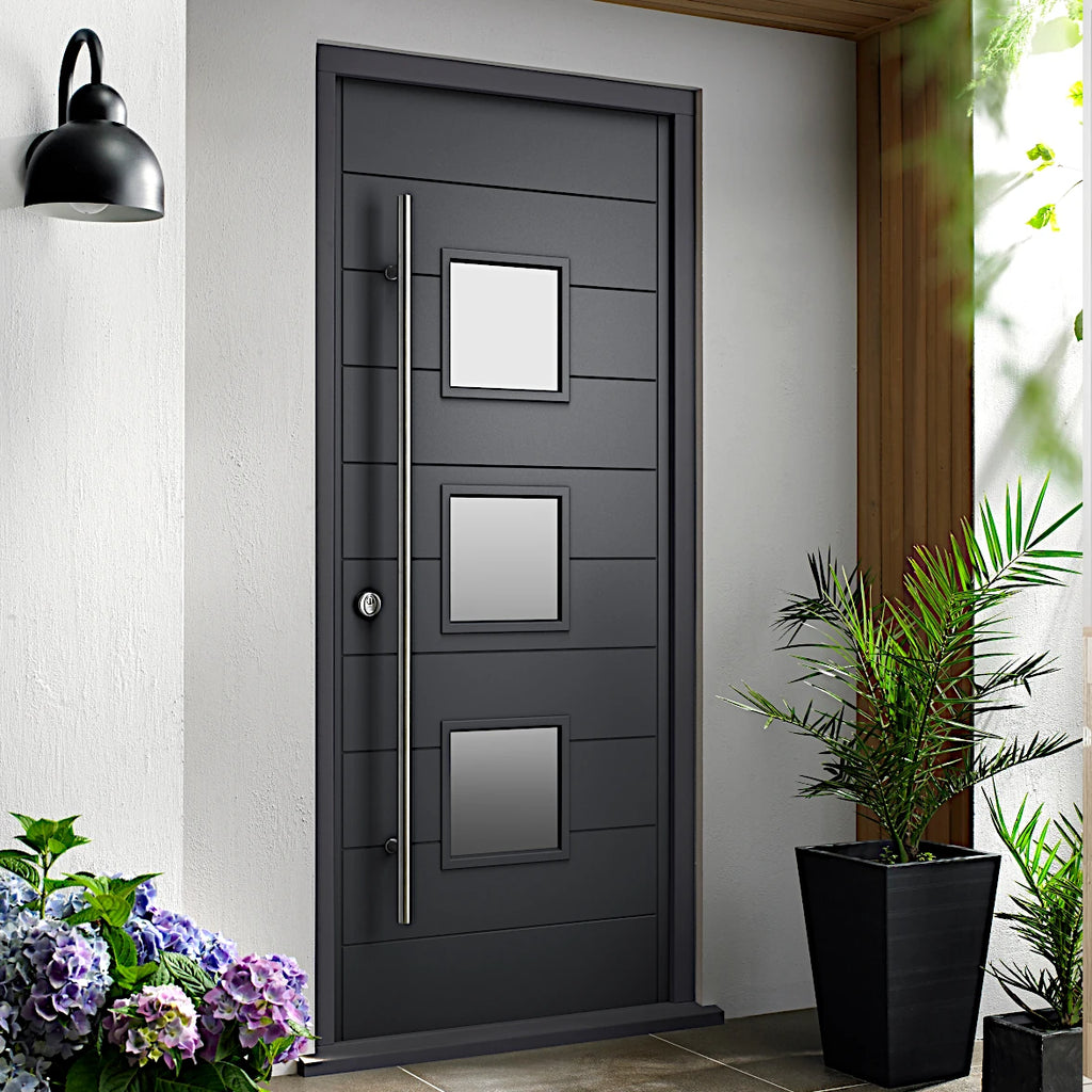 Malmo Grey Glazed Premium Hardwood External Door with Pull Bar Handle