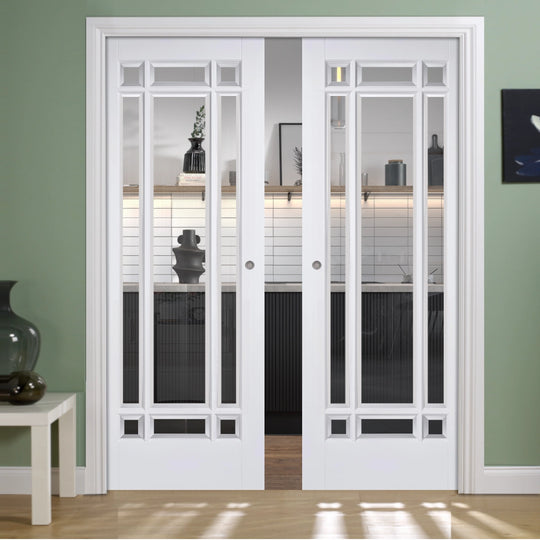 Manhattan White Clear Glazed Double Pocket Door Set