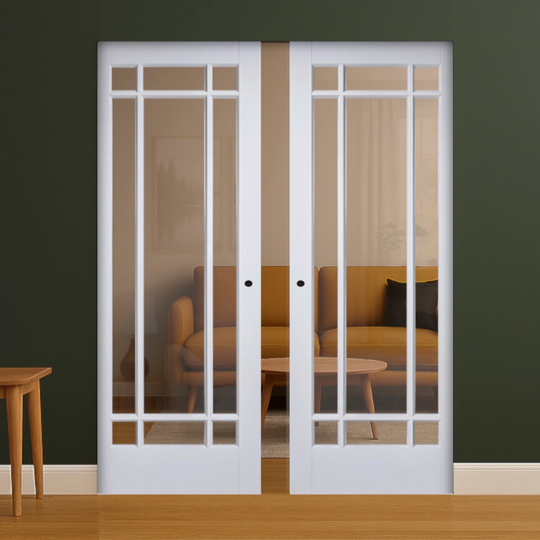 Manhattan White 9L Clear Glazed Double Flush Pocket Door Set