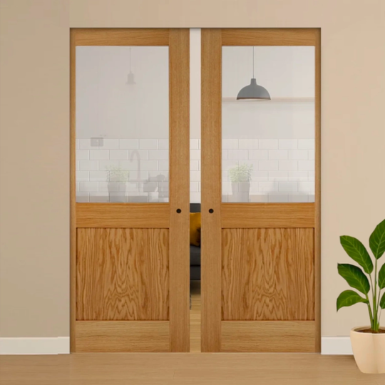 Marlborough Oak Clear Glazed Double Flush Pocket Door Set