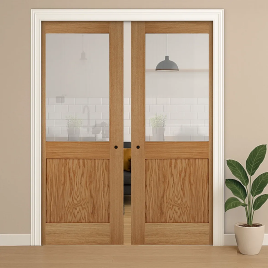 Marlborough Oak Clear Glazed Double Pocket Door Set