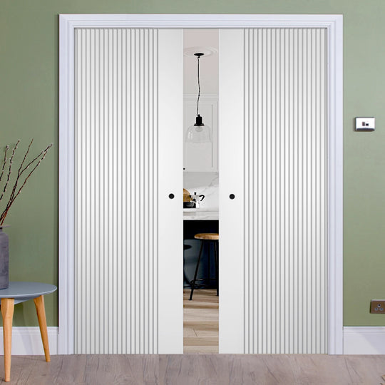 Melbourne Grooved White Double Pocket Door Set