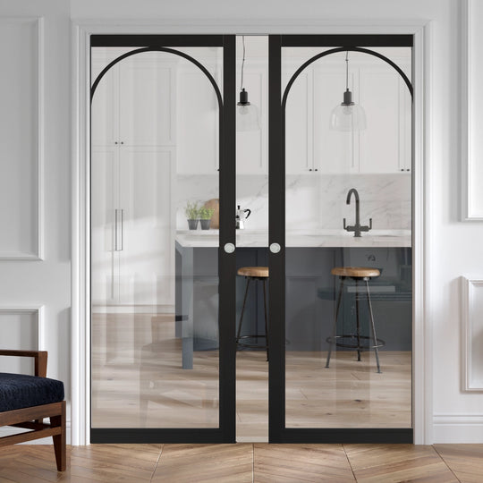 Melrose Black Clear Glazed Arched Double Pocket Door System