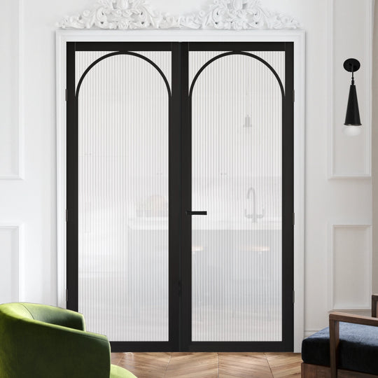 Melrose Black Reeded Glazed Arched Door Pair