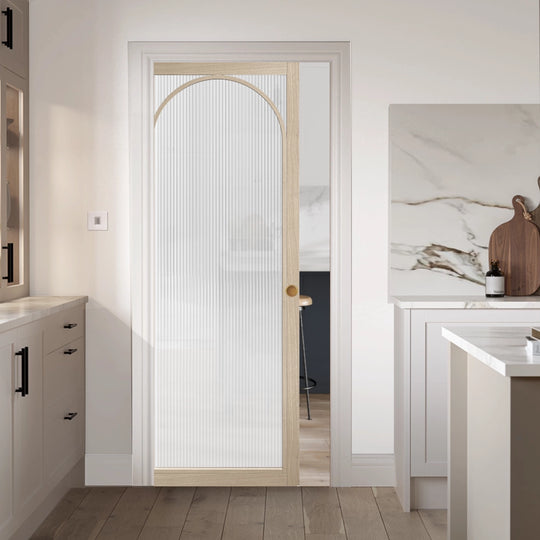 Blonde Oak Melrose Reeded Glazed Arched Pocket Door System