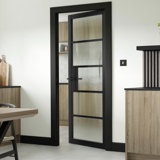 Black Metro 5L Reeded Glazed Industrial Style Door Fully Finished