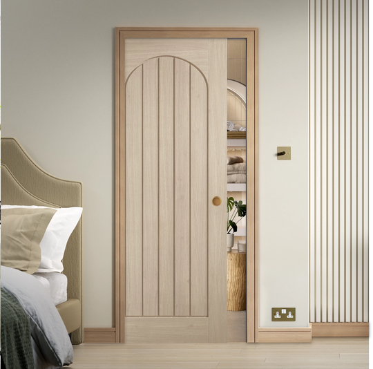 Blonde Oak Mexicano Arched Square Top Pocket Door System