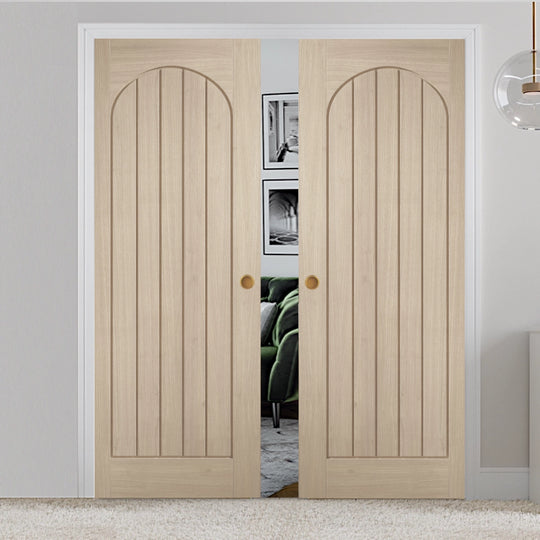 Blonde Oak Mexicano Arched Square Top Double Pocket Door System