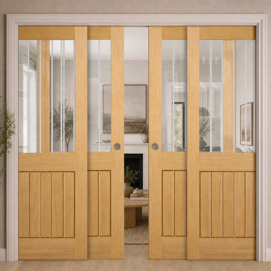 Mexicano Oak 1 Light Glazed Fully Finished 4 Door Telescopic Pocket Door System