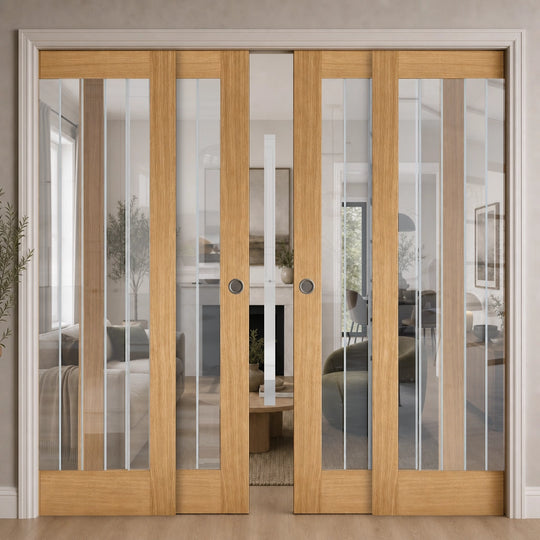 Mexicano Oak Pattern 10 Glazed Fully Finished 4 Door Telescopic Pocket Door System