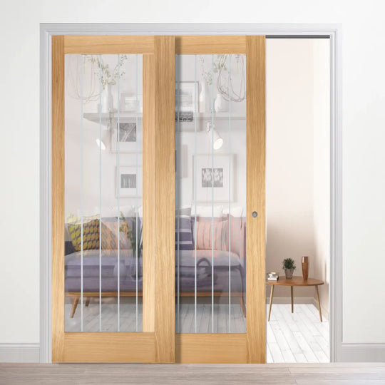 Mexicano Pattern 10 Oak Glazed Telescopic Pocket Door System