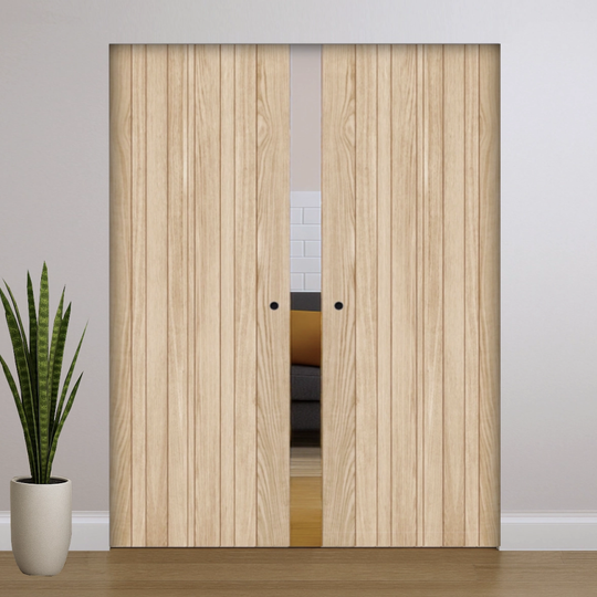 Montreal Oak Flush Double Pocket Door Set Fully Finished