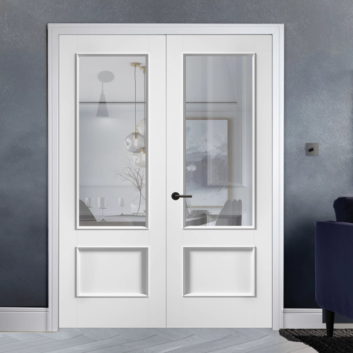 Murcia 2 Panel Clear Glazed White Internal Door Pair Emerald Doors Murcia 2 Panel Clear Glazed White Internal Door Pair Emerald Doors