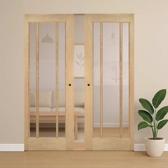 Norwich Oak Clear Glazed Flush Double Pocket Door Set