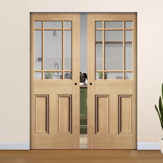 Nostalgia Oak Downham Clear Glazed Flush Double Pocket Door Set
