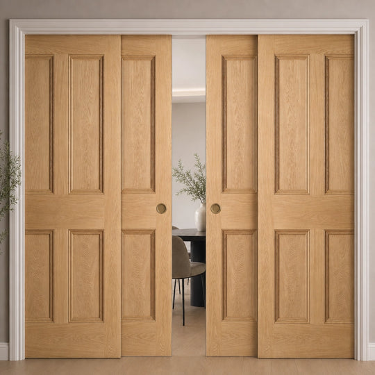 Oak 4 Panel 4 Door Telescopic Pocket Door System
