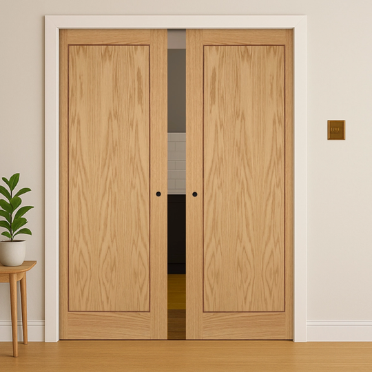Contemporary Oak Inlay 1P Double Pocket Door Set