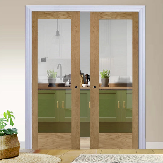 Pattern 10 Oak Clear Glazed Double Pocket Doors