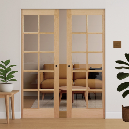 Oak SA 10L Clear Glazed Flush Double Pocket Door Set
