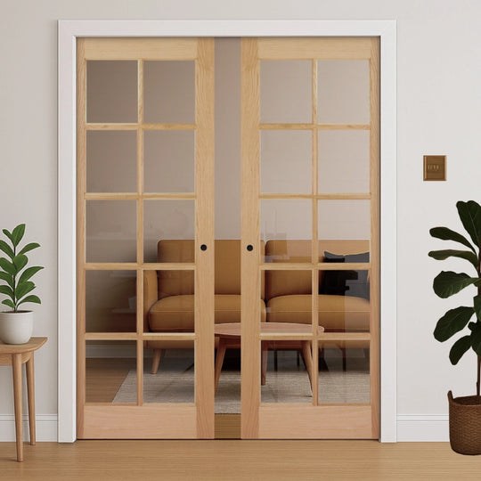 Oak SA 10L Clear Glazed Double Pocket Door Set