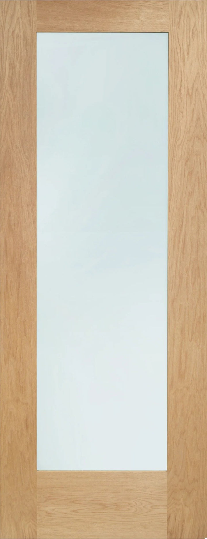 A light oak wood interior door with a tall, narrow rectangular frosted glass panel in the center.