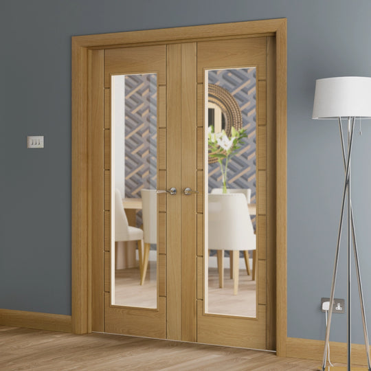 Oak Palermo Custom Stained Clear Glazed French Doors