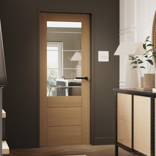 Palermo Essential Oak 2XG Door with Clear Etched Glass Fully Finished