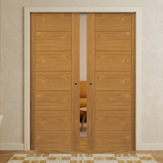 Palomino Oak Double Pocket Door System Fully Finished