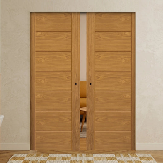 Palomino Oak Flush Double Pocket Door Set Fully Finished