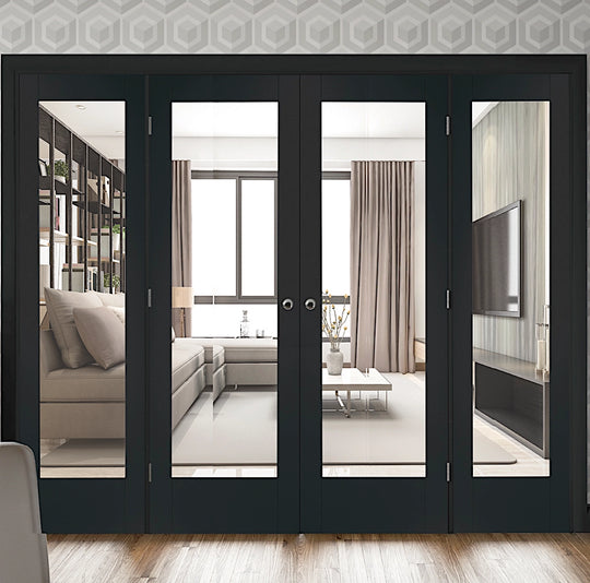 Pattern 10 Clear Glazed Brushed Black Oak French Doors with Side Panels