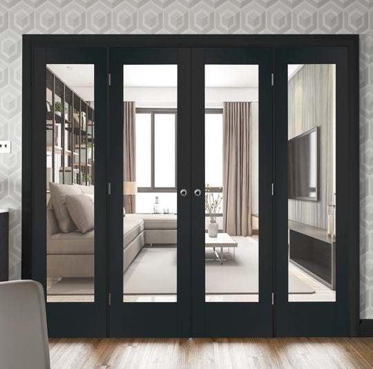 Pattern 10 Clear Glazed Brushed Black Oak French Doors with Demi Panels