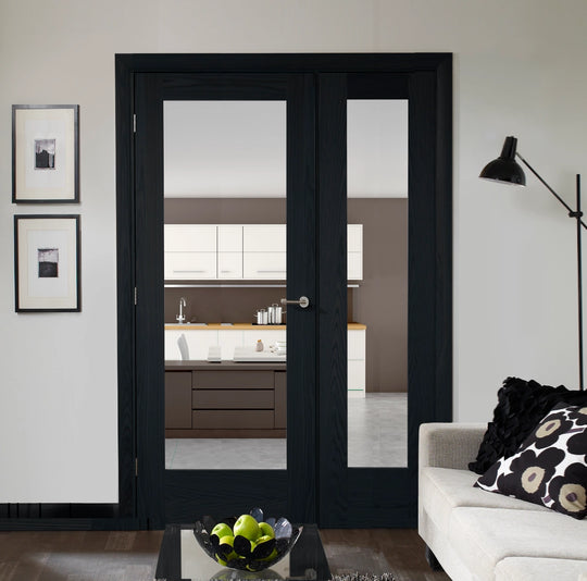Oak Pattern 10 Clear Glazed Brushed Black Oak Single Door Room Divider With Demi Panel
