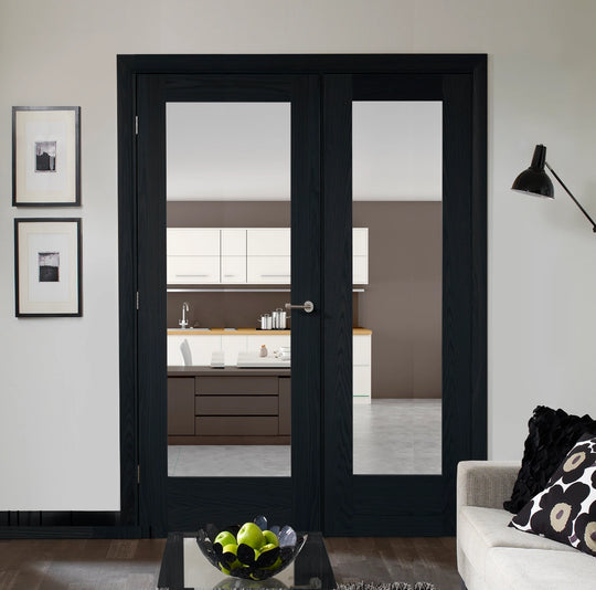 Oak Pattern 10 Clear Glazed Brushed Black Oak Single Door Room Divider With Side Panel
