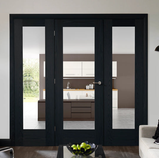 Pattern 10 Clear Glazed Brushed Black Oak Room Divider with Side Panels