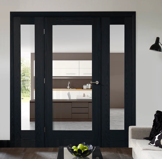 Pattern 10 Clear Glazed Brushed Black Oak Room Divider with Demi Panels