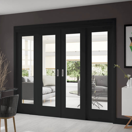 Pattern 10 Custom Black Sliding French Doors with Fixed Panels