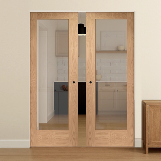 Pattern 10 Oak 1L Clear Glazed Flush Double Pocket Door Set