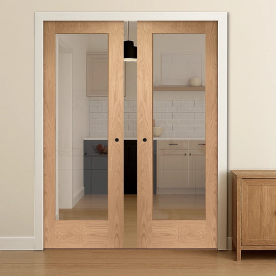 Pattern 10 Oak Clear Glazed Double Pocket Door Set