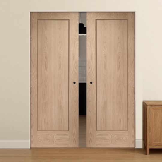 Pattern 10 Oak Flush Double Pocket Door Set