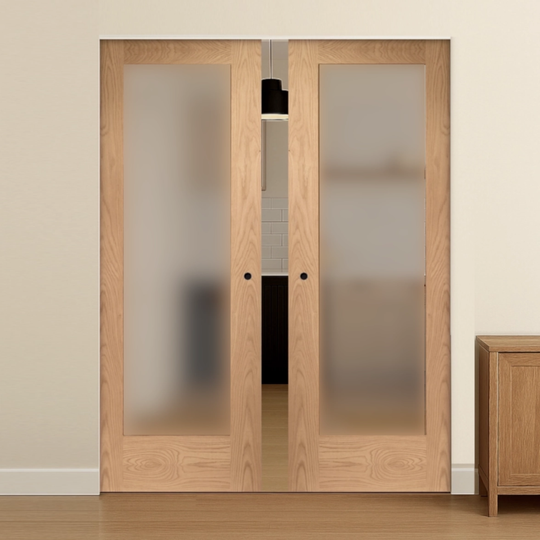Pattern 10 Oak 1L Obscure Glazed Flush Double Pocket Door Set