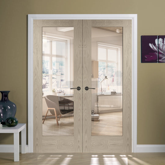 Oak Pattern 10 Custom Stained Clear Glazed French Doors