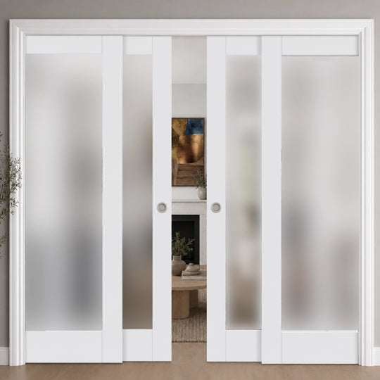 Pattern 10 White Obscure Glazed 4 Door Telescopic Pocket Door System