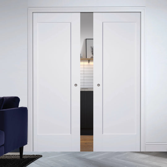 Pattern 10 White 1 Panel Double Pocket Door Set