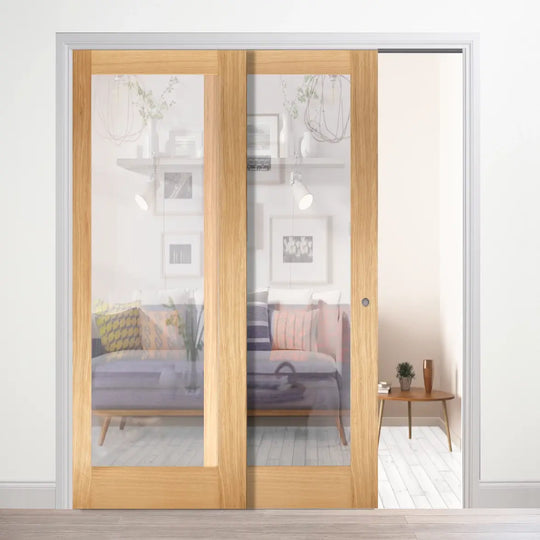 Pattern 10 Oak Clear Glazed Telescopic Pocket Door System