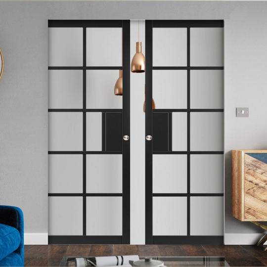Plaza Black Clear Glazed Double Flush Pocket Door Set